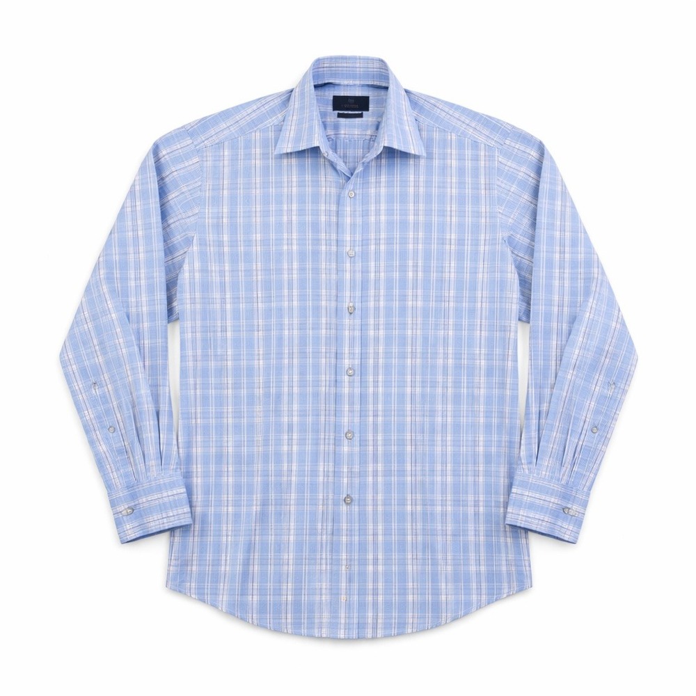 David Donahue Performance Dress Shirt Men's L Blue Plaid‎ Button Down